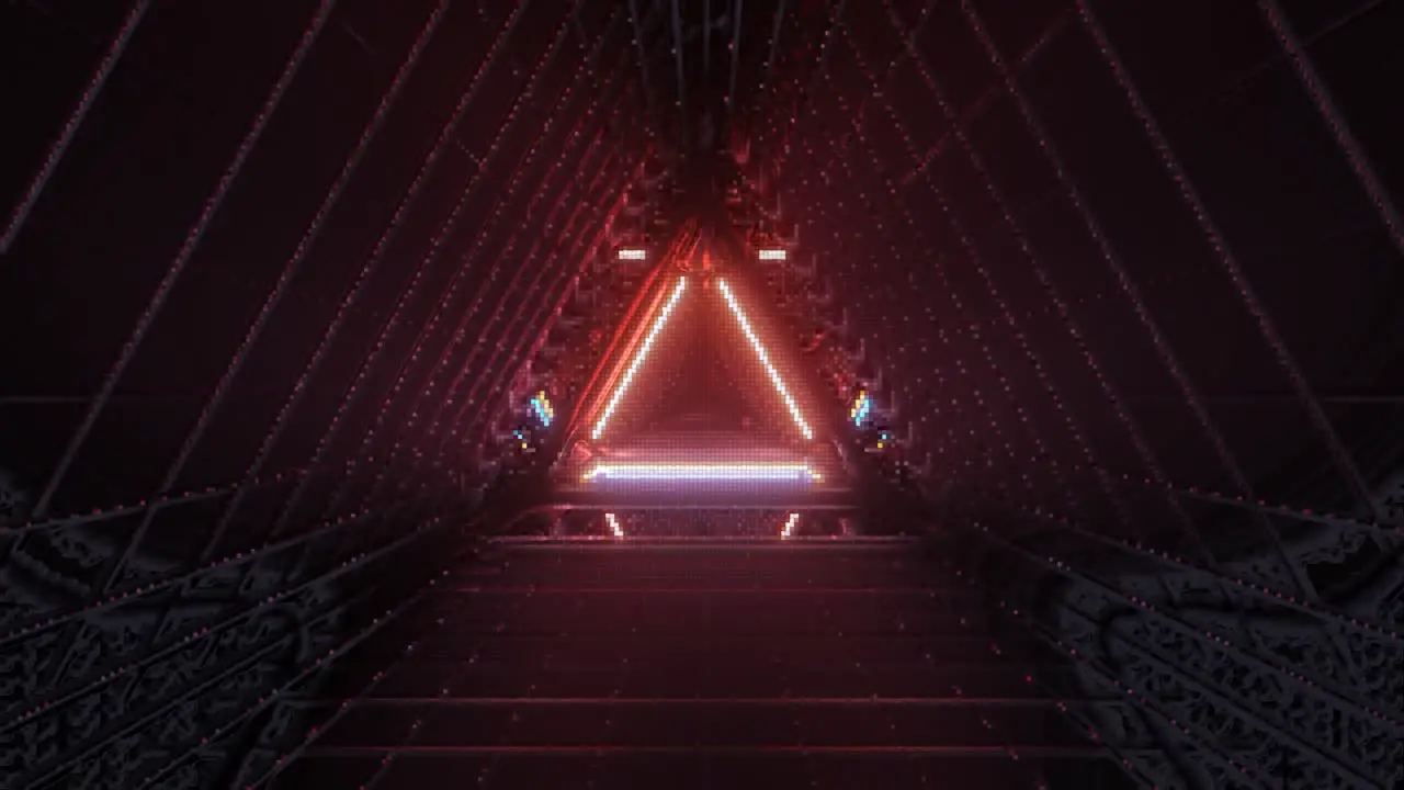 VJ Loop Flying Through a Triangular Low Resolution Retro Tunnel with Glowing Purple Orange and Blue Neon Lights