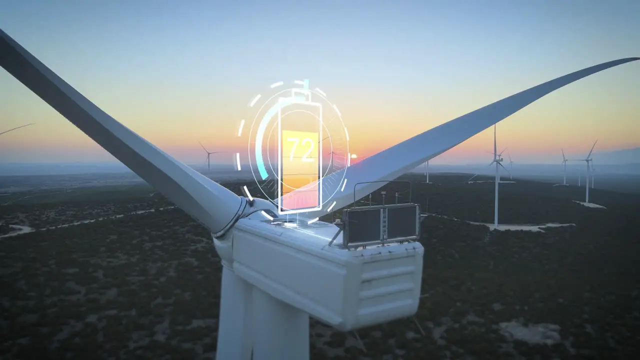 Animation of battery charging at wind turbine generator during sunset