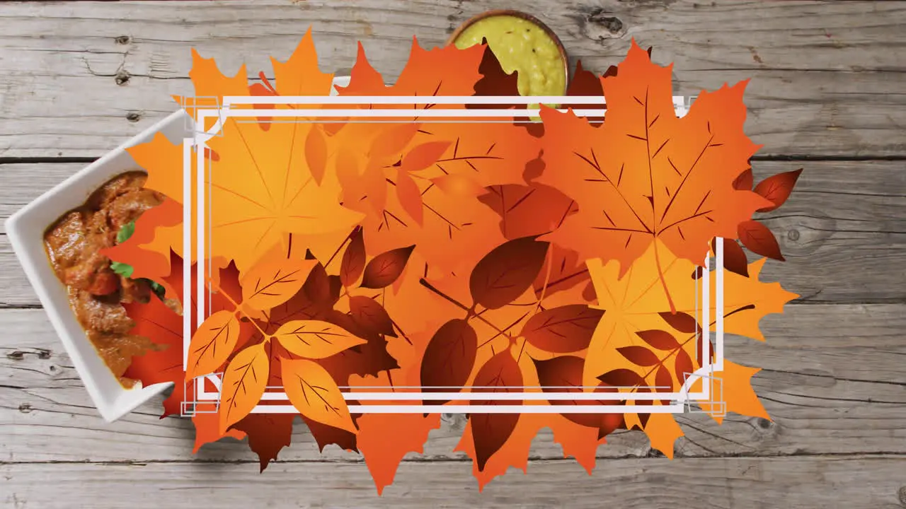 Animation of frame with fall leaves over bowls with dips