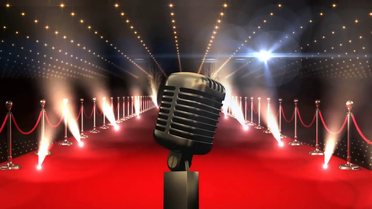 Animation of microphone and spot lights over red carpet on black background