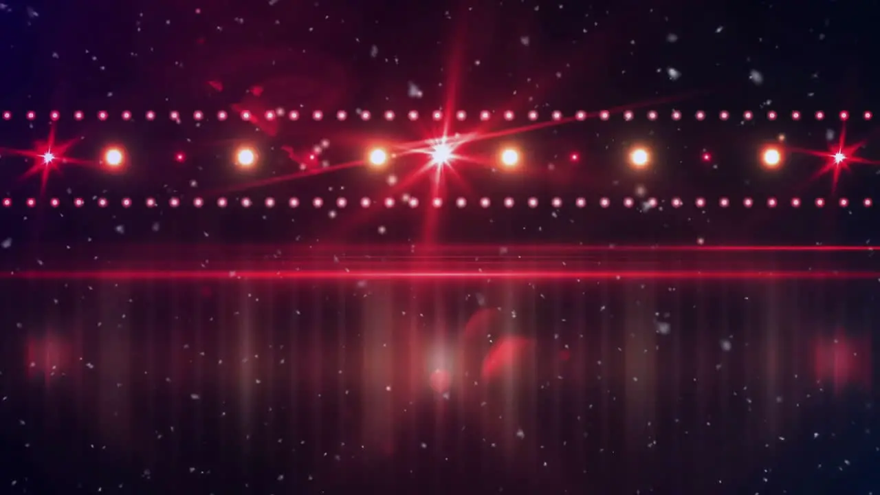 Animation of snow falling over red spotlights on dark background