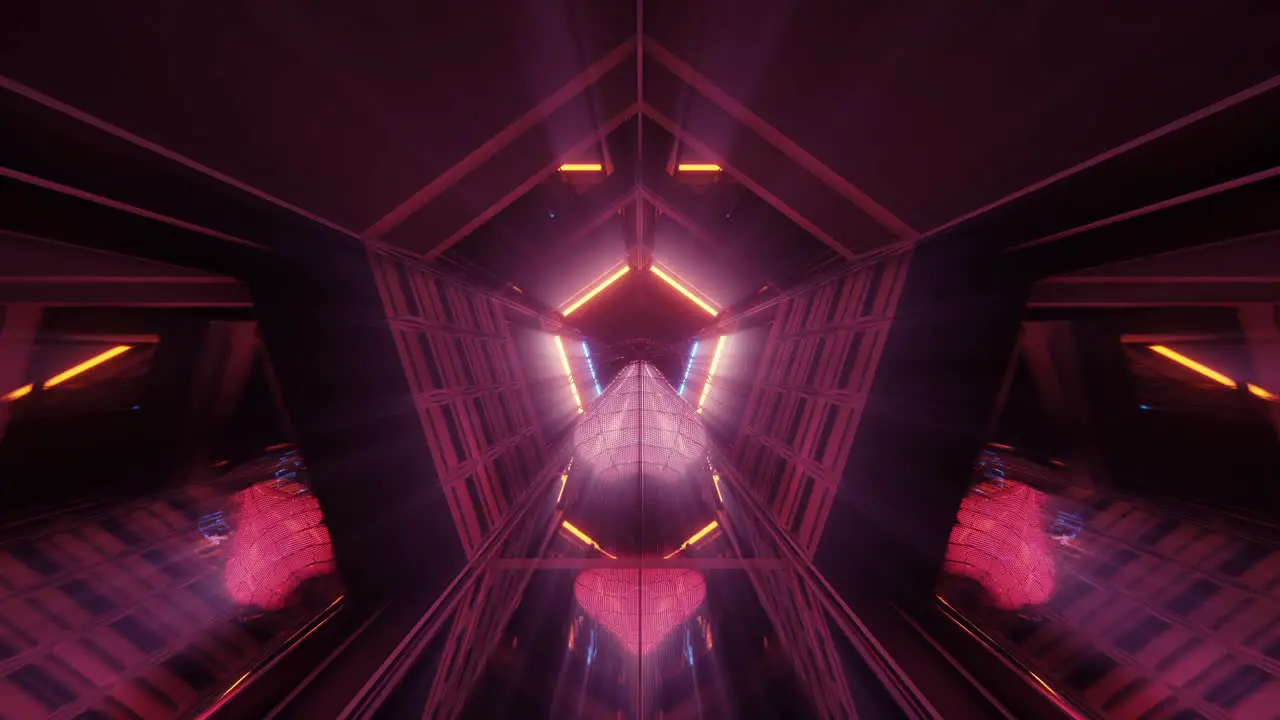 VJ Loop Glowing 3D Red Heart Rolling Along a Hi-Tech Reflective Pentagonal Tunnel With Light Streaks