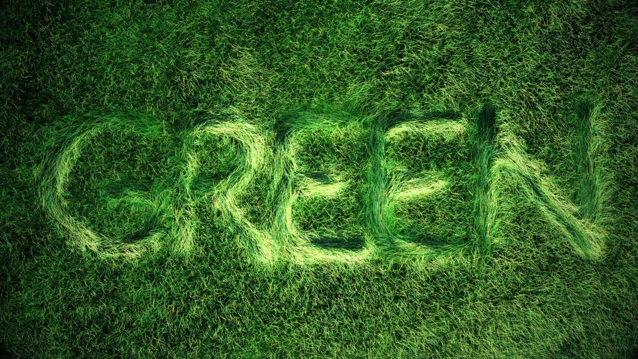 3d animation imprint of the word "green" on a topview of a green grass field blades of grass subtle waving in the wind and air motion graphics letters get minted on the grass