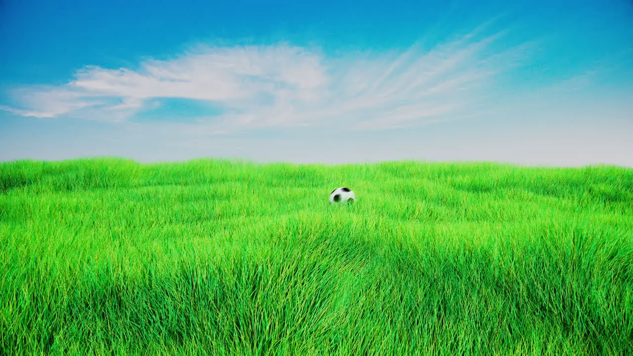 3d animation of a football rolling over a green field of grass with white clouds and blue sunny sky blades of grass subtle blowing in the air sideview of a soccer ball running from left to right