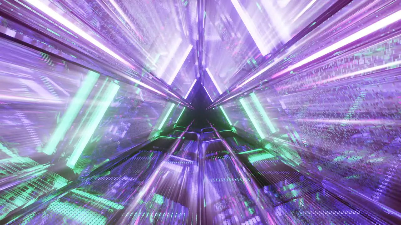 Computerized motion graphics of moving into highly reflective blue triangular space tunnel with light of enlightenment 3d rendering and illustration