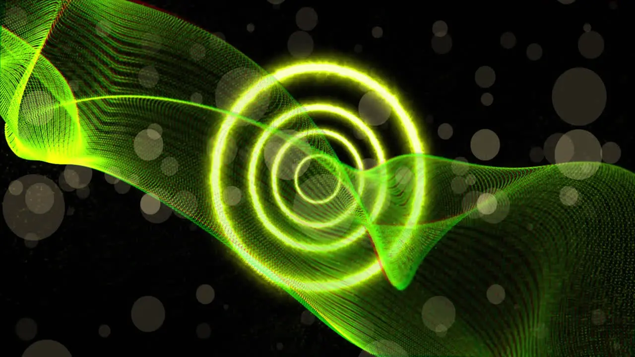 Animation of green neon circles and spots of light on black background