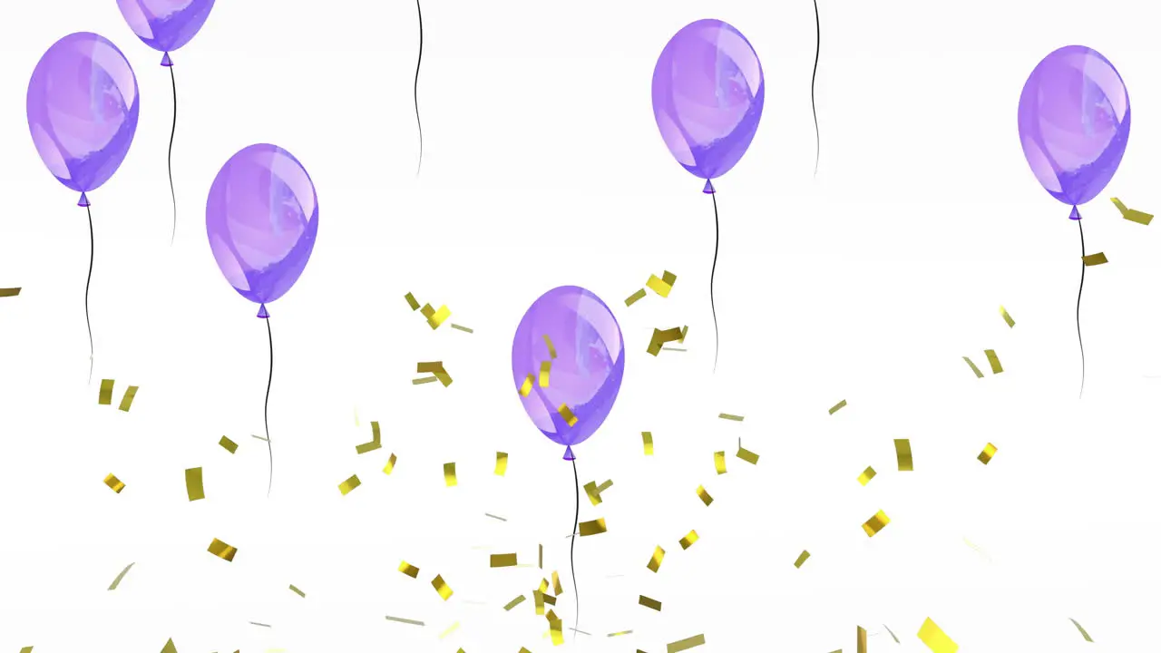 Animation of gold confetti falling over purple party balloons rising on white background