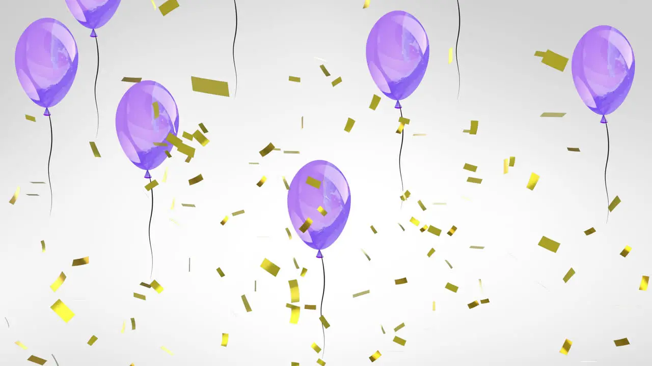 Animation of gold confetti falling over purple party balloons rising on grey background