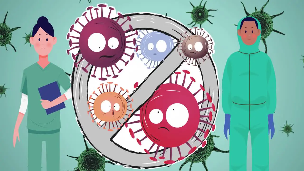 Animation of doctors and prohibition sign over virus cells