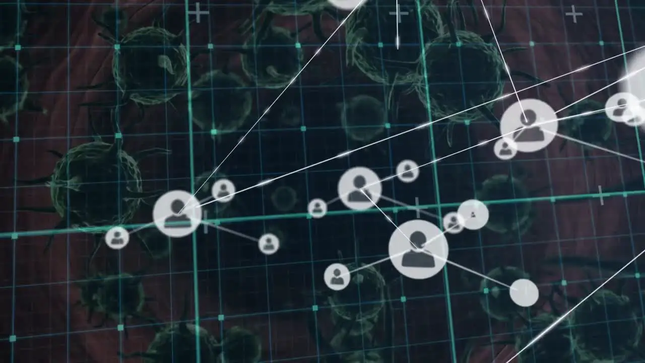 Animation of network of connections with media icons over virus cells