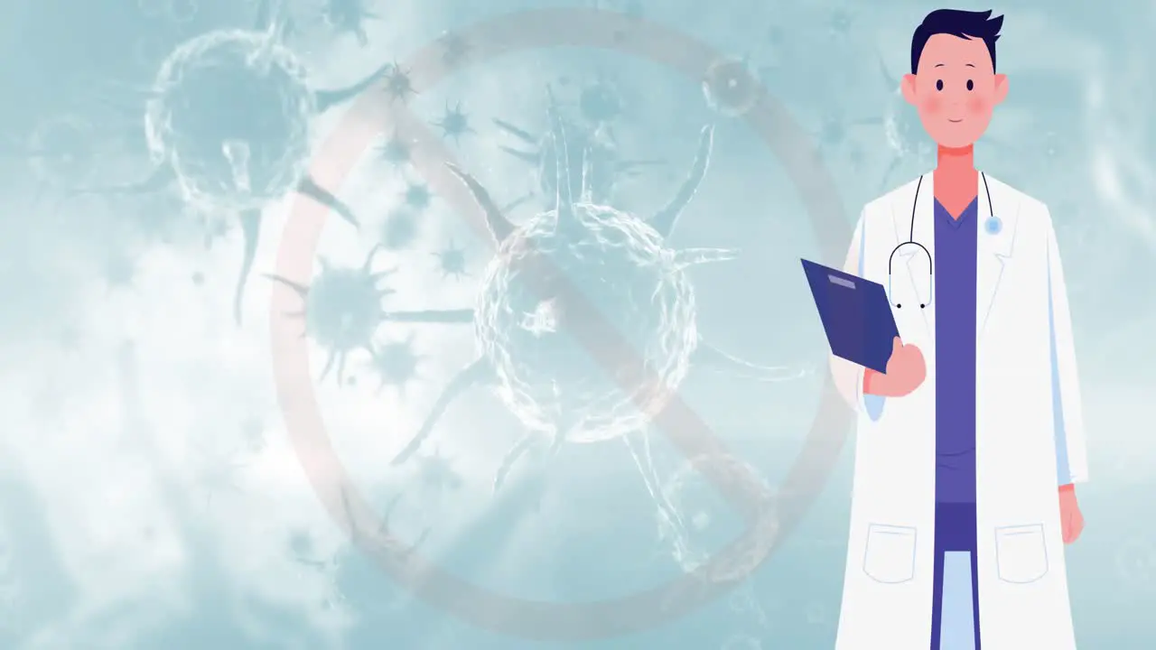 Animation of prohibition sign with male doctor over virus cells