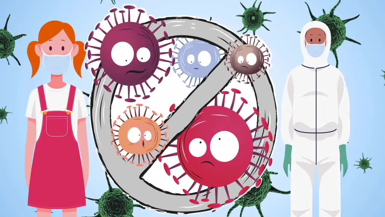 Animation of people with face mask and prohibition sign over virus cells