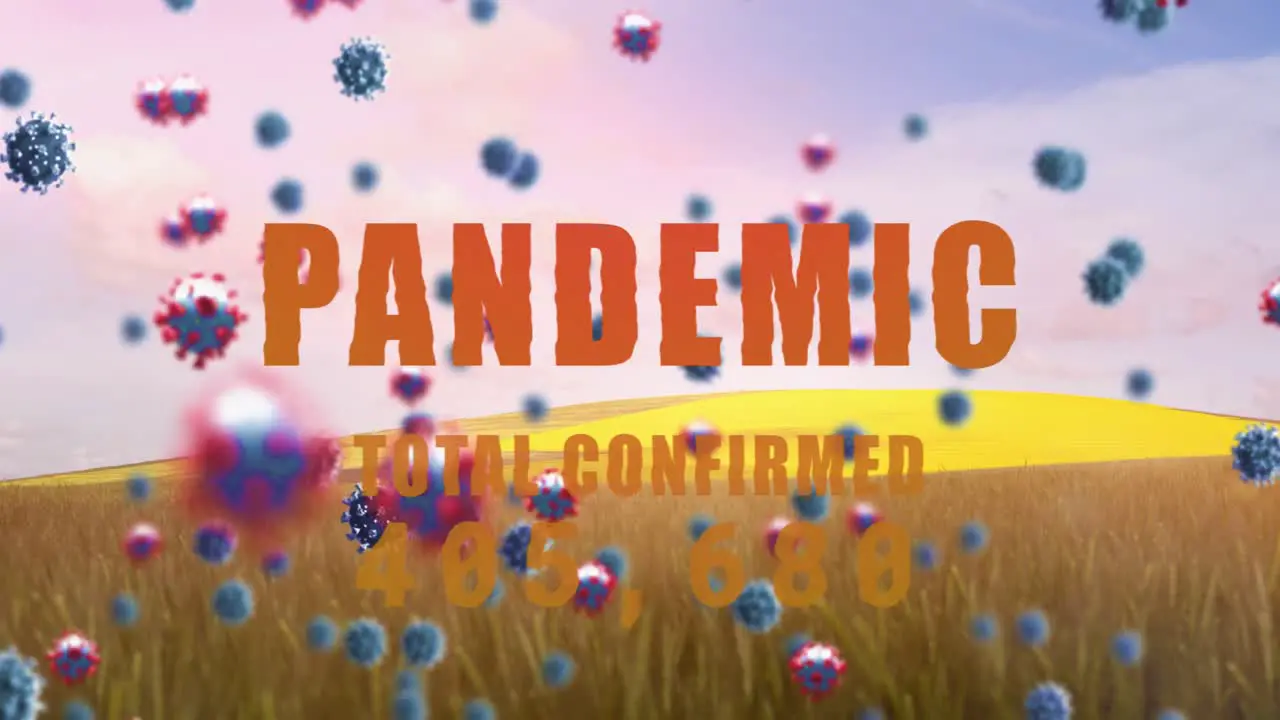 Animation of pandemic text and covid 19 virus cells over landscape