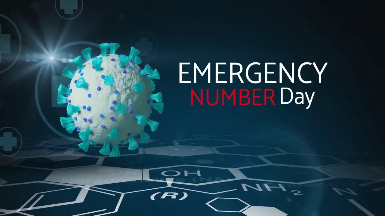 Animation of emergency number day text with virus cell on black background