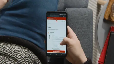 Overhead Shot Of Person At Home Shopping Online Looking At Target Website On Mobile Phone 3