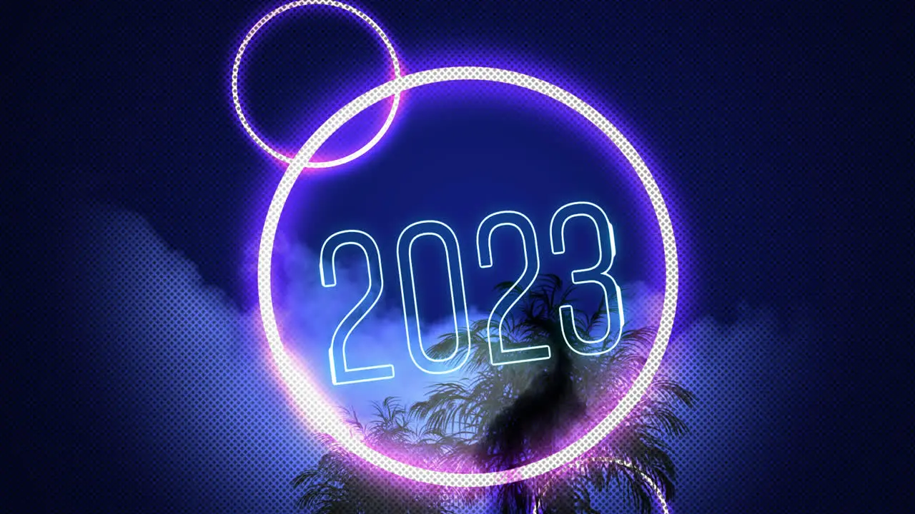 Animation of 2023 text in blue neon with pink neon circles over black palm tree on blue cloudy sky