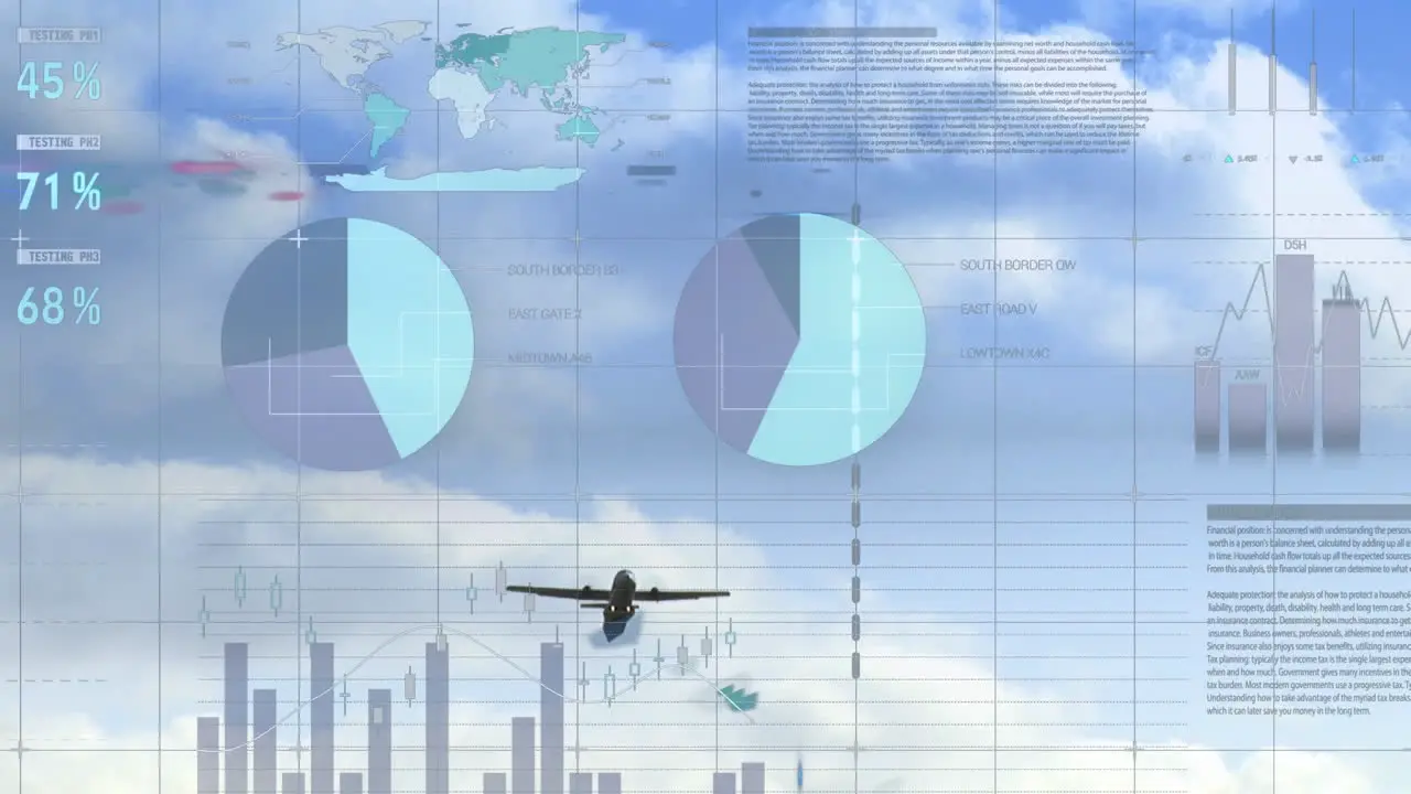 Animation of infographic interface over low angle view of airplane flying against cloudy sky