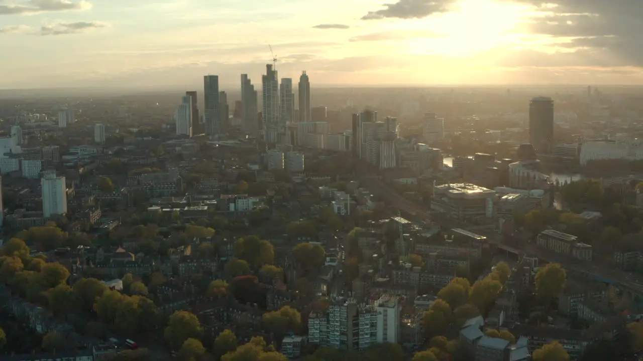 Slow aerial shot over south London towards Vauxhall skyscrapers