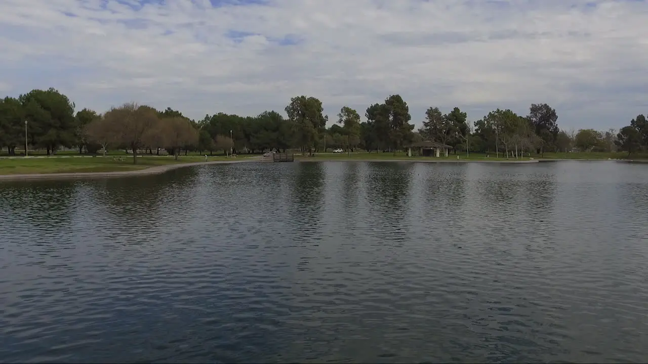 Flight over suburban park with pond and ducks