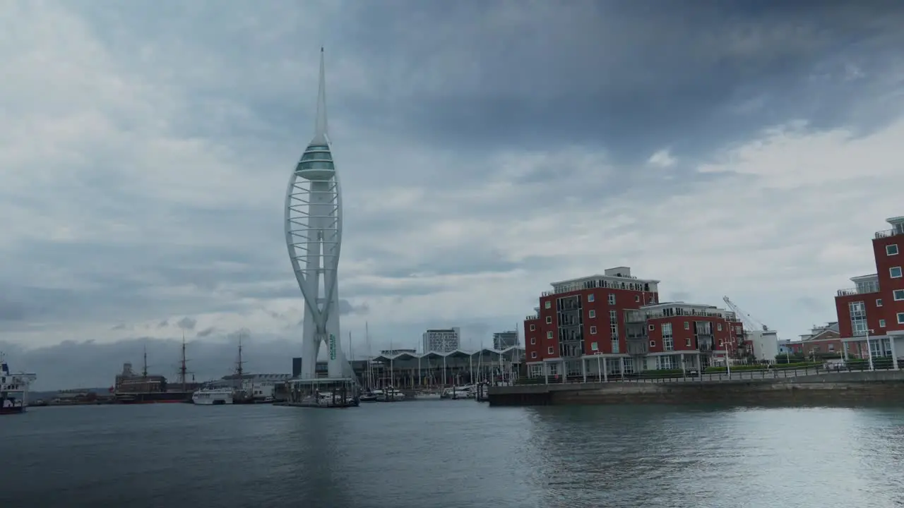 Wide shot of the Spinnaker Tower in Portsmouth on a cloudy day