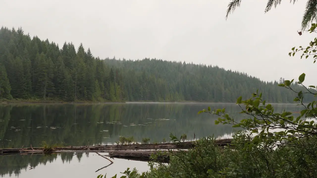 Wide shot of a lake on a dreary rainy day