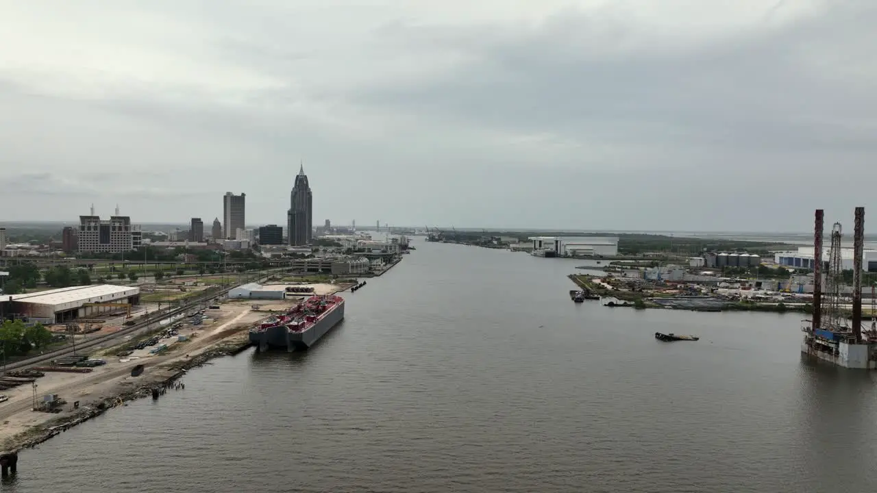 Aerial approach to downtown Mobile Alabama