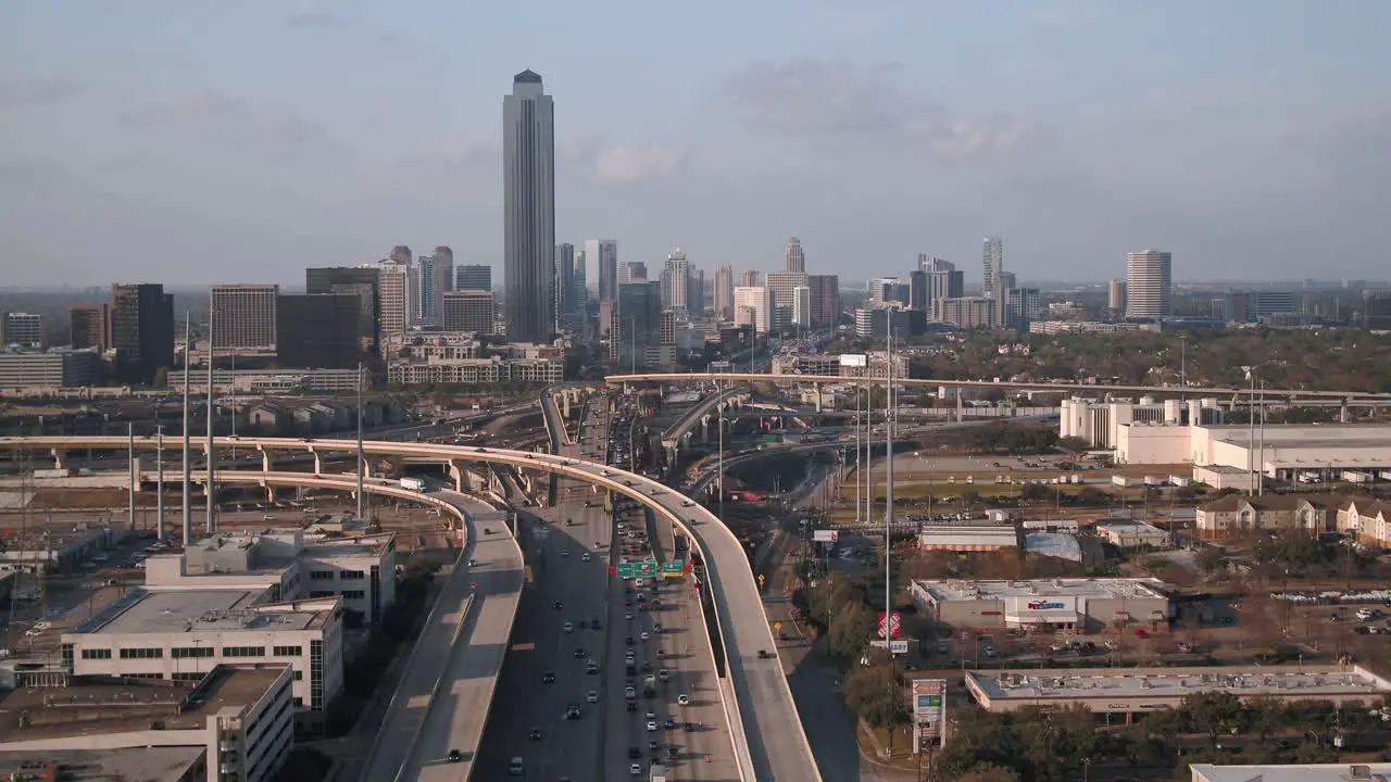 Aerial of cars on 610 South freeway in Houston near the Galleria Mall area