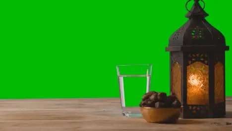 Tracking Shot of Lantern Dates and Water In Front of Green Screen