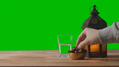 Wide Shot of Lantern Dates and Water In Front of a Green Screen