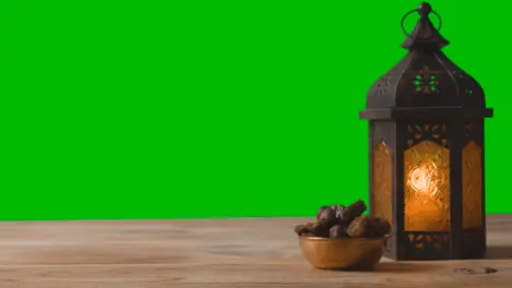 A Tracking Shot of Lantern Dates and Water In Front of a Green Screen