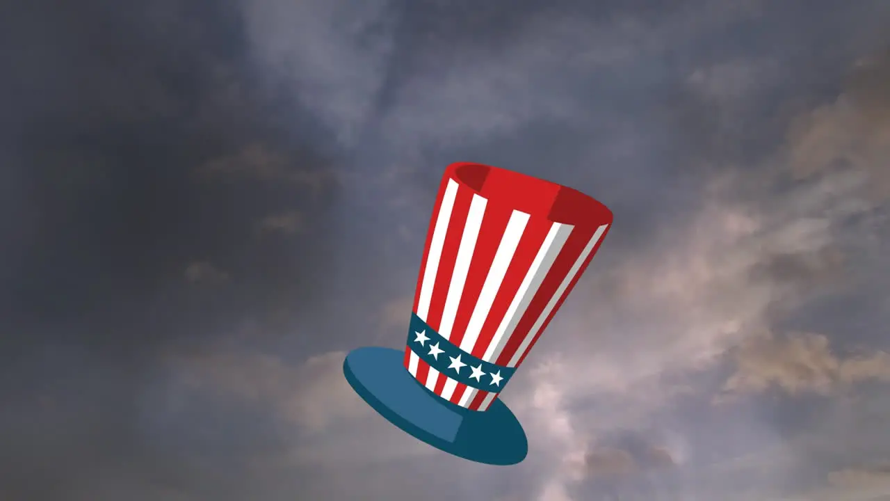 Animation of hat in american flag colours over stormy sky