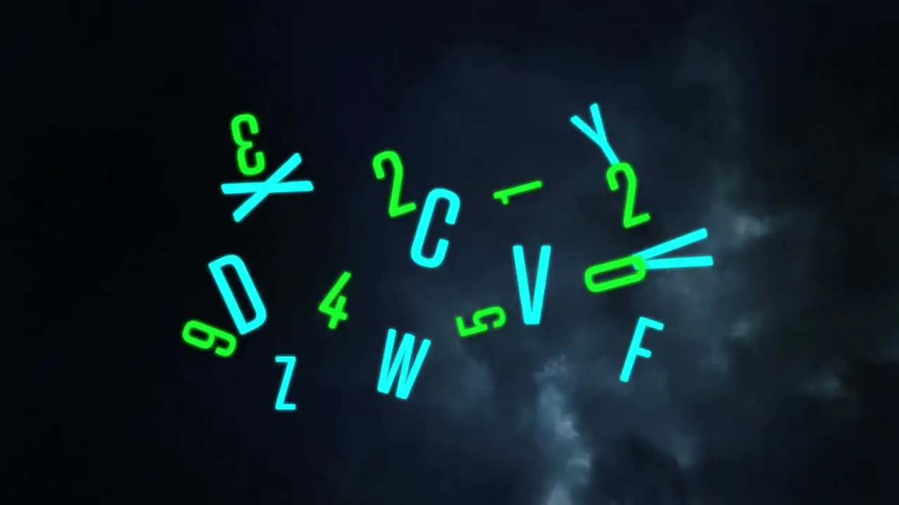 Animation of numbers and letters over stormy sky