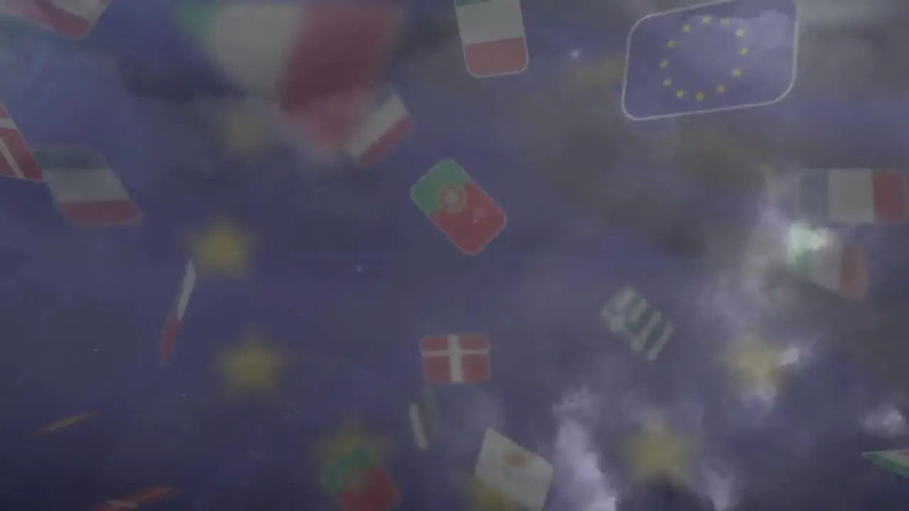 Thunder storm and rain against multiple european countries flags floating against waving eu flag