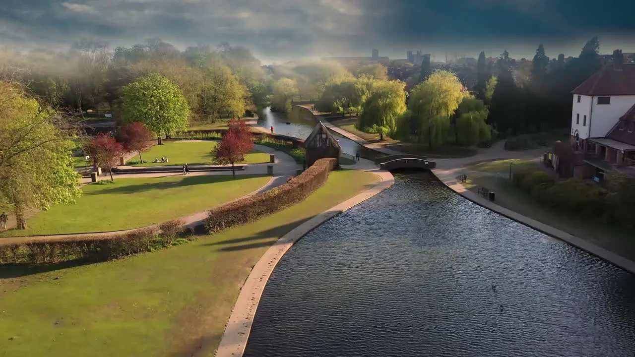 York England Rowntree Park Aerial Flyover Under Stormy Sky