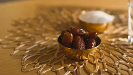 Close Up Of Bowl Of Dates On Table In Muslim Home Celebrating Eid 2