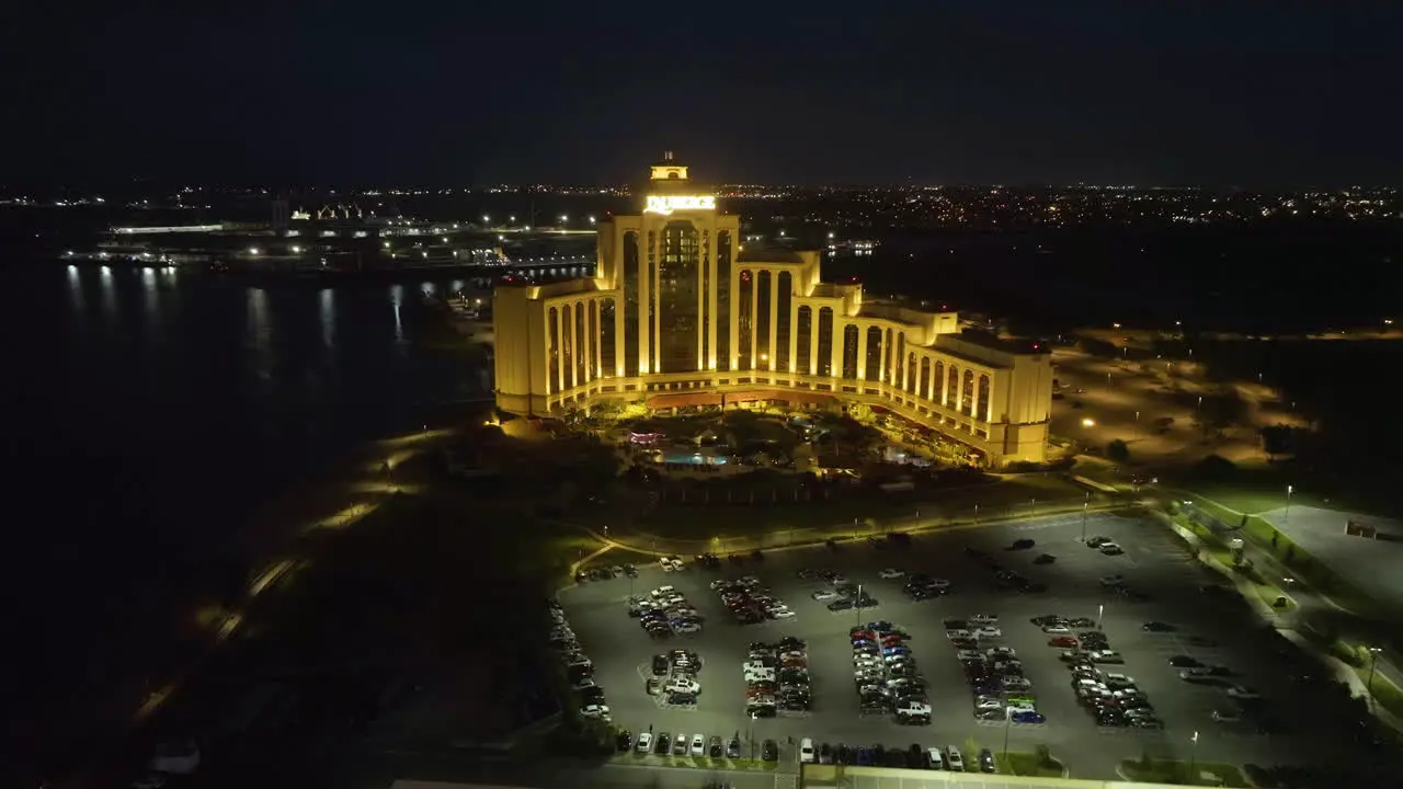 Aerial view toward the L'Auberge Casino and hotel night in Lake Charles Louisiana USA