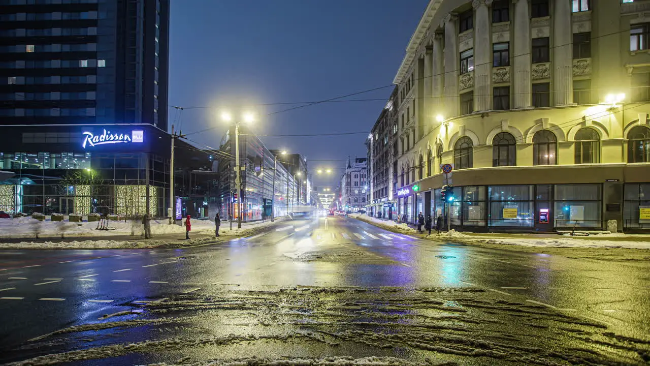 Night time traffic on a boulevard in Riga Latvia