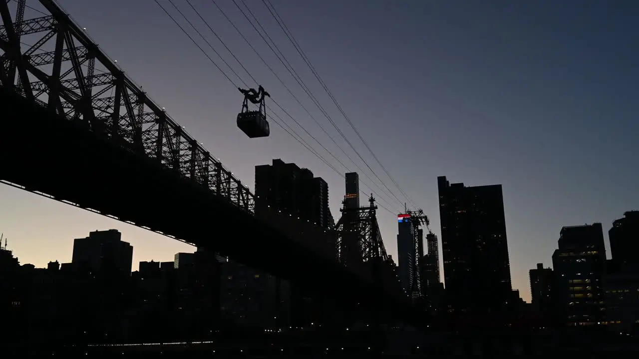 Tramway car heading from Roosevelt Island back to Manhattan at night