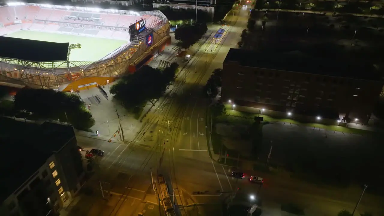 Aerial view over a tram on the Texas avenue night in Houston city USA