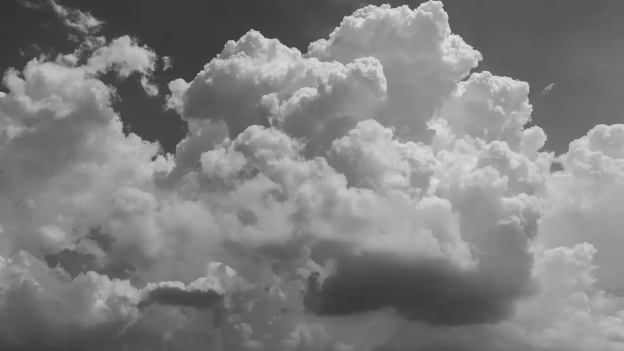 4k Black and white Time Lapse looking at dramatic fluffy white clouds moving upward through the scene