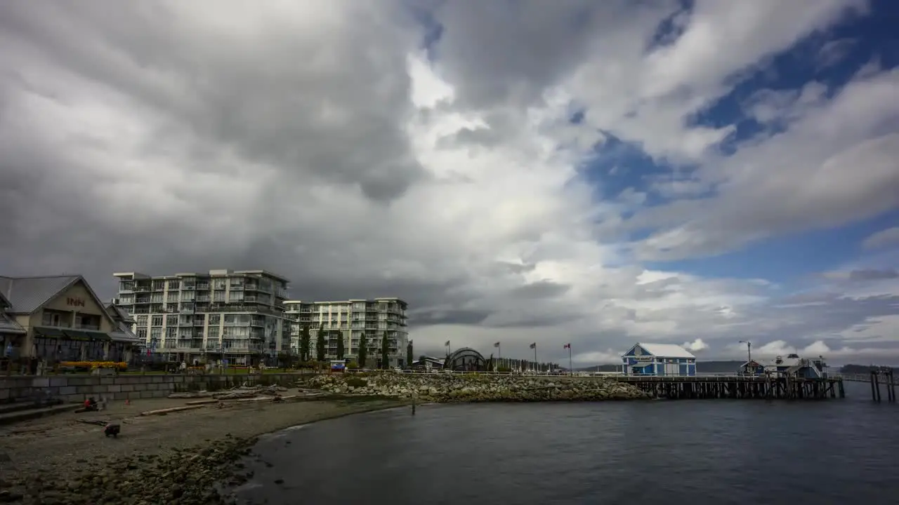 Sunny to cloudy overcast weather Timelapse over Sidney pier hotel Canada coastline