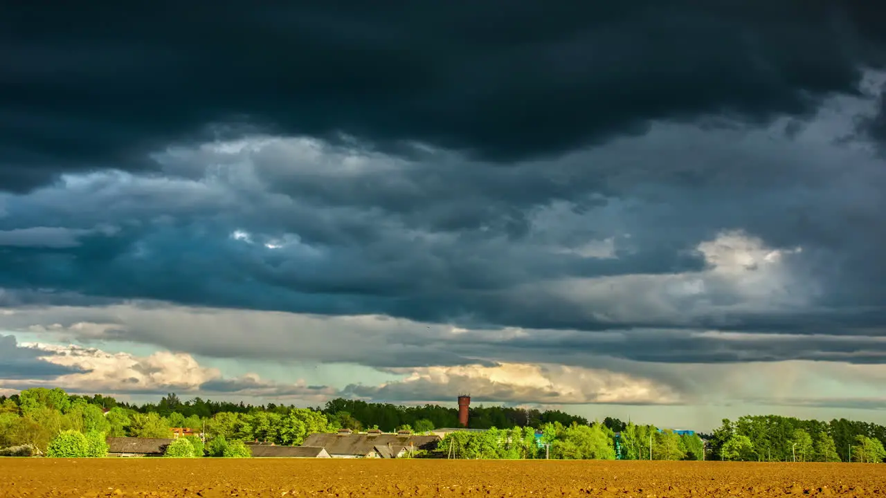 Time lapse sky covered with gloomy clouds on rural green countryside