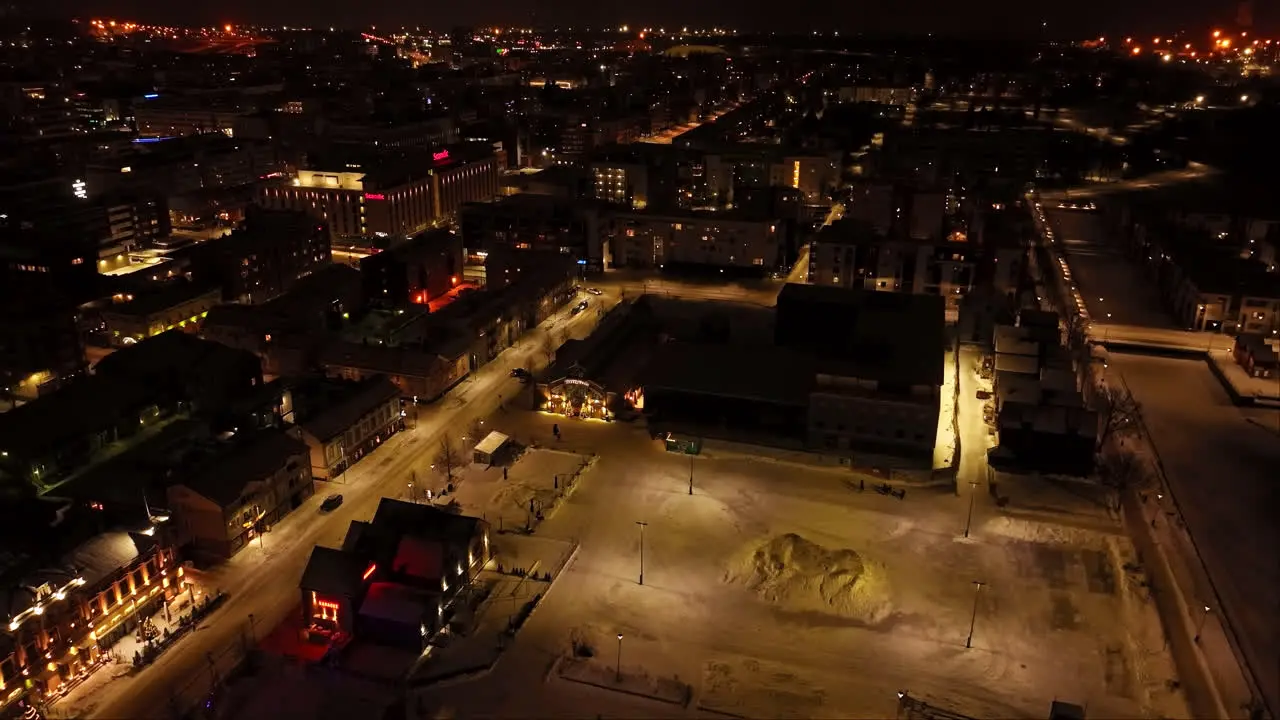 Aerial view approaching the Oulun kauppahalli winter evening in Oulu Finland