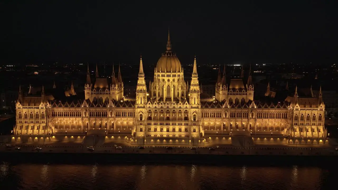 Hungarian Parliament Building at Night Cinematic Establishing Drone Shot