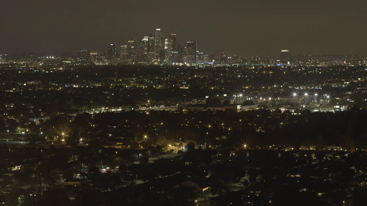 Time lapse of nighttime skyline of Downtown Los Angeles located in Southern California