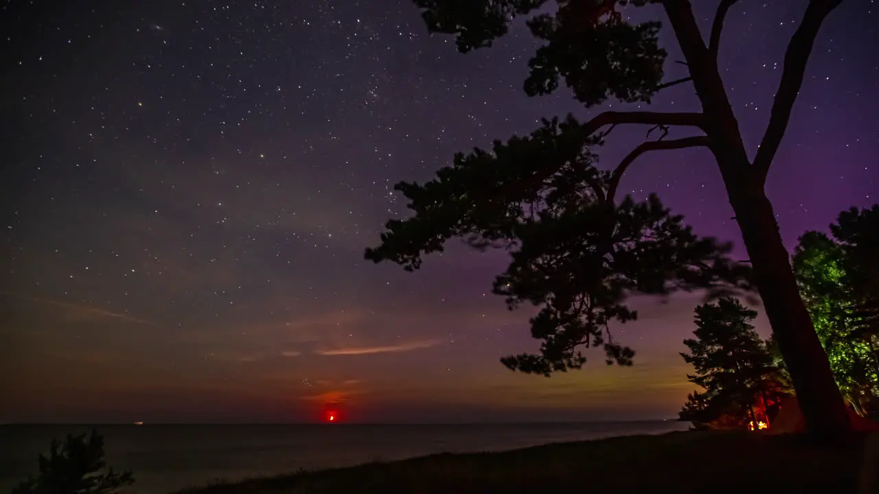 Sea coastline campsite and majestic Milky way sky time lapse view