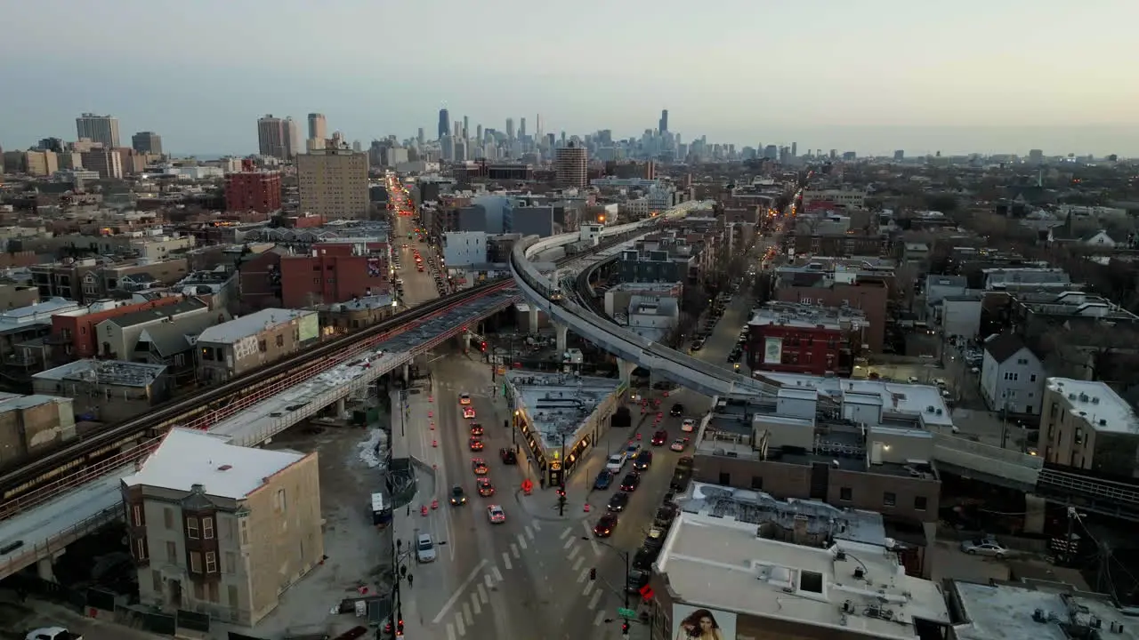 Aerial view of a commuter train on a urban rails sunny morning in Wrigleyville Chicago USA