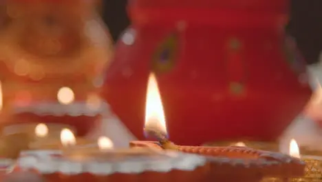 Close Up Of Burning Lamps Celebrating Festival Of Diwali 2