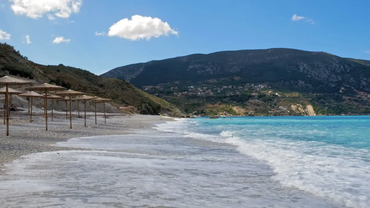 Foamy Ocean Waves Breaking On Shore At Agia Kiriaki Beach In Greece wide shot