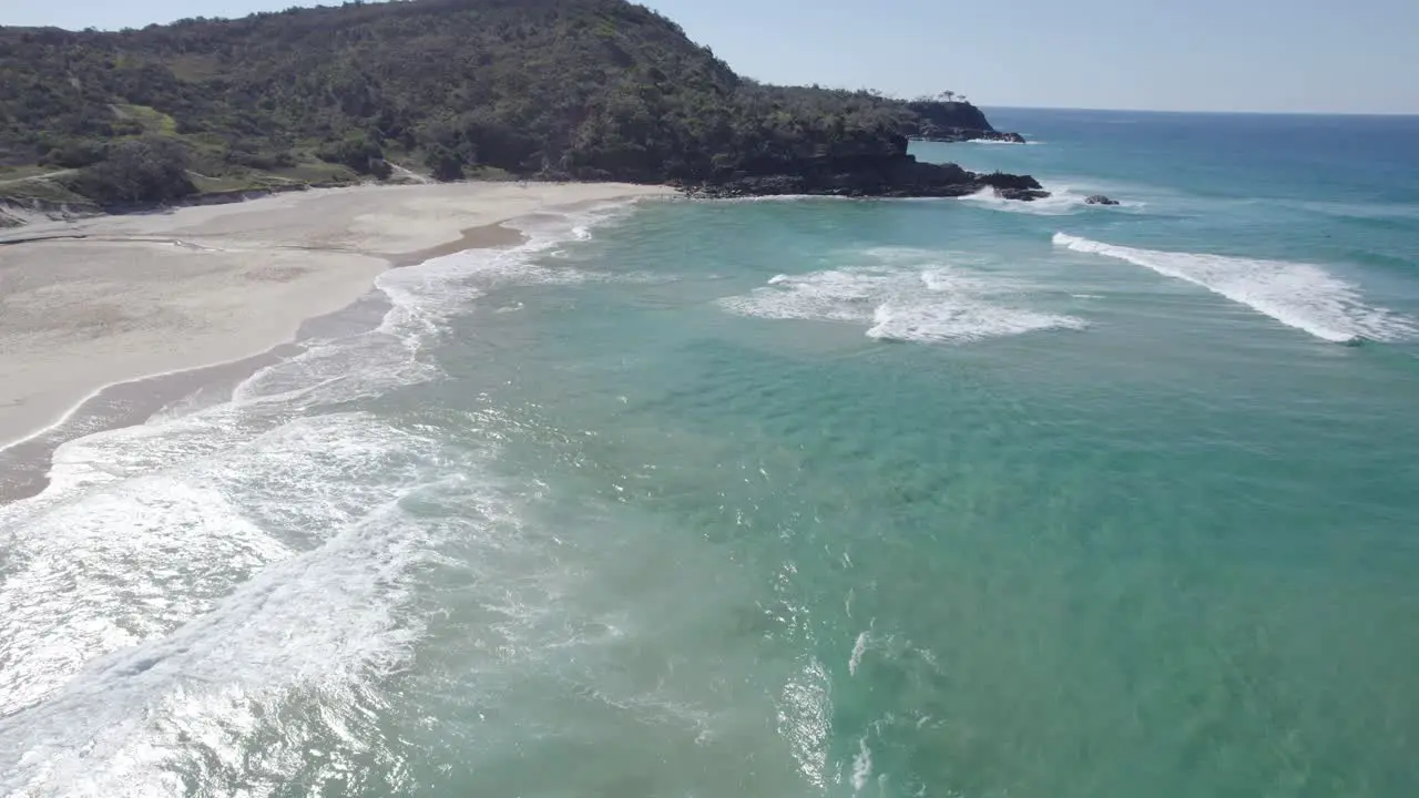 Ocean Waves Splashing On Sandy Shore Of Sunshine Beach In Queensland Australia aerial drone shot